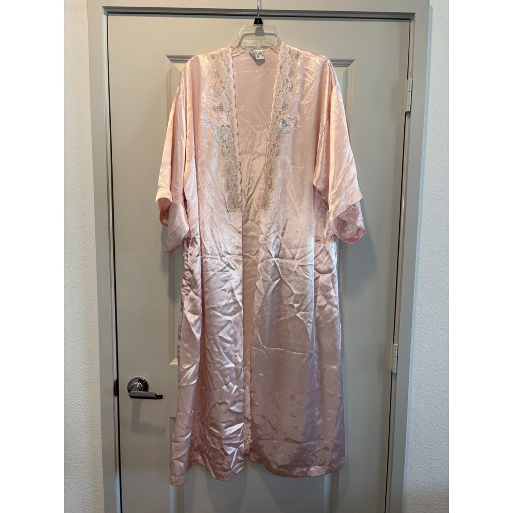 Val Mode‎ Lingerie Maxi Dressing Gown Womens M Pink Scalloped Lace Kimono Sleeve